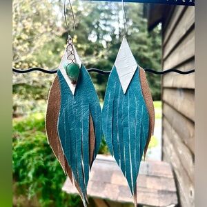 Handmade Teal Brown Layered Leather Fringe Stone Accent Coachella Rave Earrings